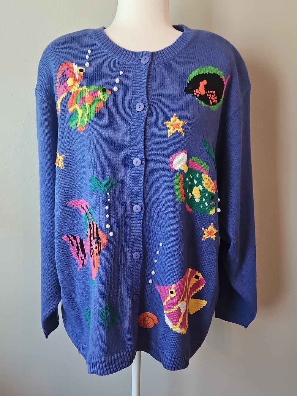 Royal Blue Women's Embroidered Fish Motif Cardigan